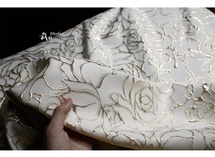Gold Thread Rose Jacquard Fabric: 3D Texture Designer Sewing, 55" Wide