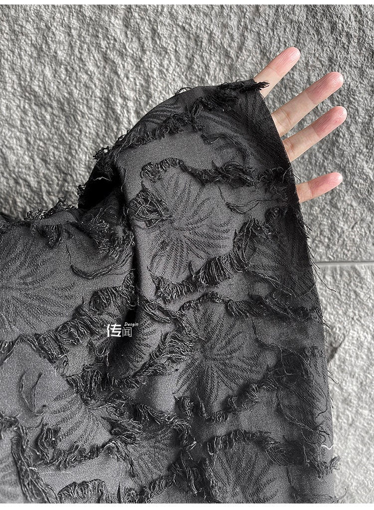 Black Jacquard Tassel Fabric: Cotton Linen Blend, 57" Wide