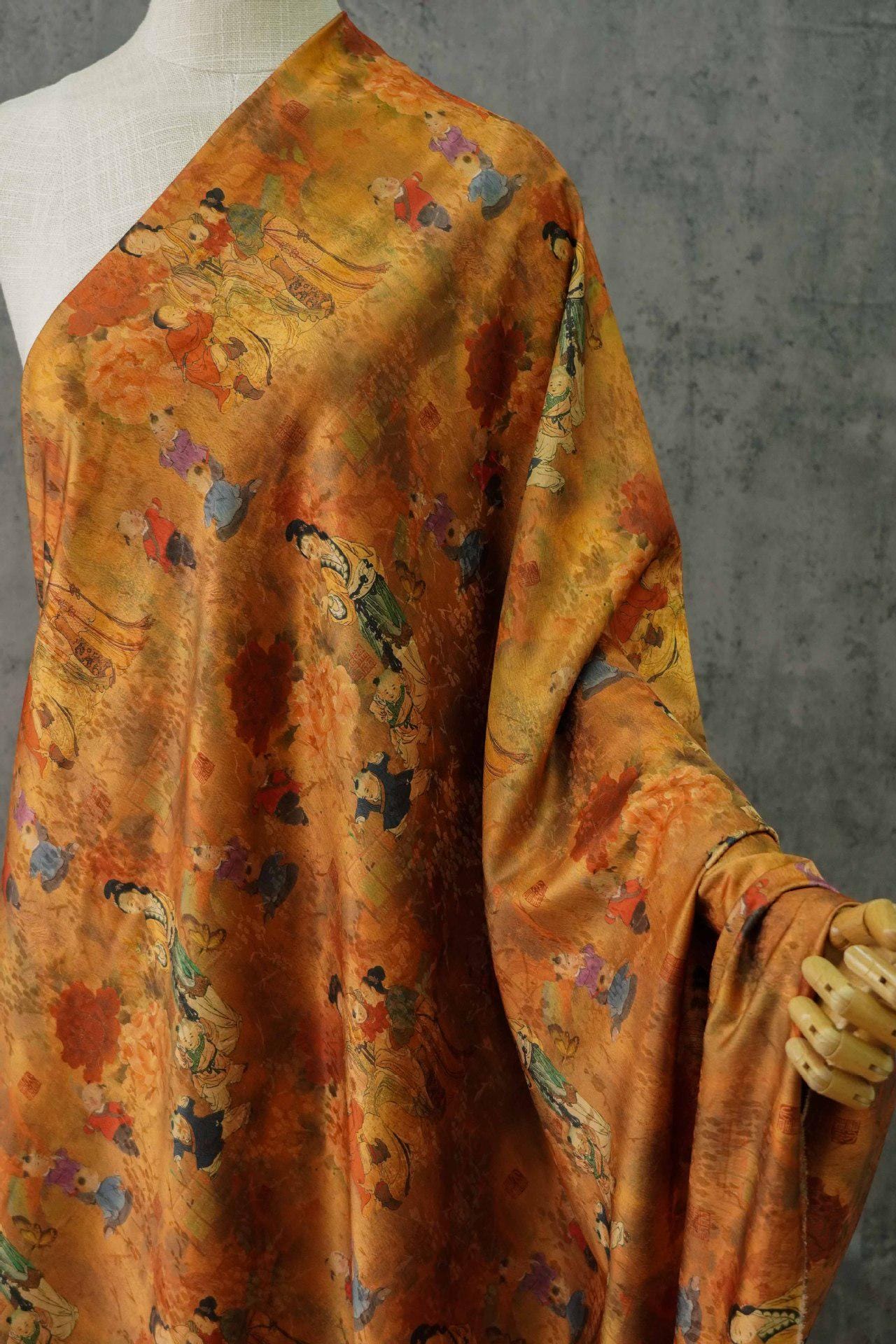Ancient Family Tea Silk Satin Fabric: Digital Print, 59"W