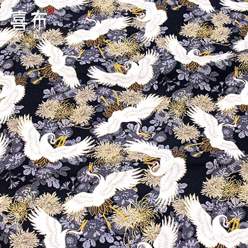 Japanese Crane Fabric: Bronzing Gold Pattern, 100% Cotton, 59"W