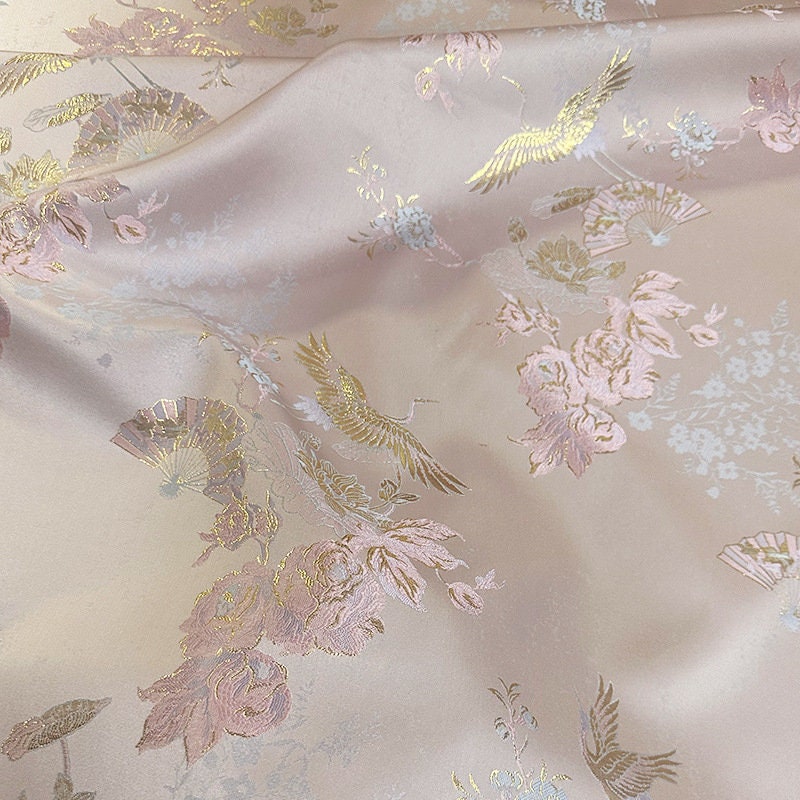 Gold Crane Brocade Fabric: 55"W Jacquard Rayon Sewing Material