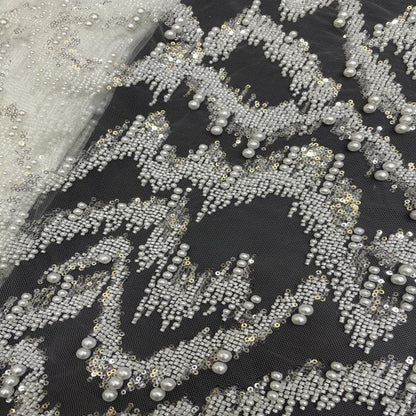 Luxury Beaded Fabric with Pearls Sequins ��� High-End Bridal & Evening Gown Embellished Textile, Wedding dress fabr"Wide