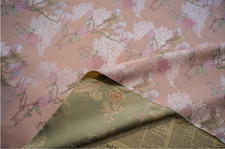 Orange Pink Bird Pattern Jacquard Woven Fabric: 60"W Upholstery