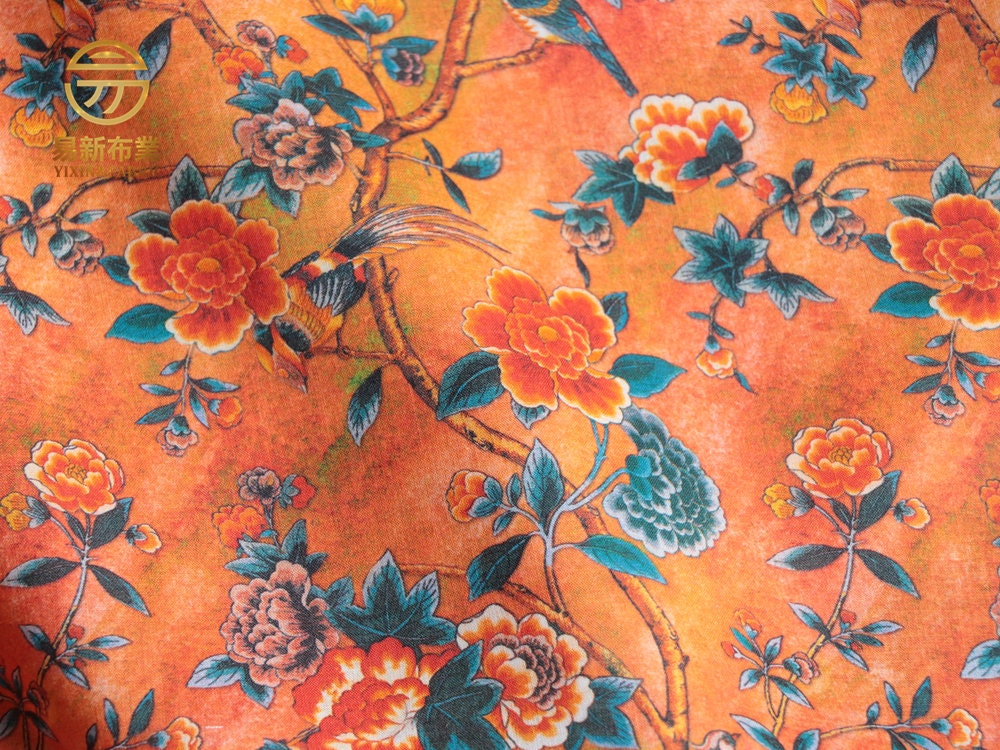 Floral Ramie Fabric: Dunhuang Style Print, 57" Wide