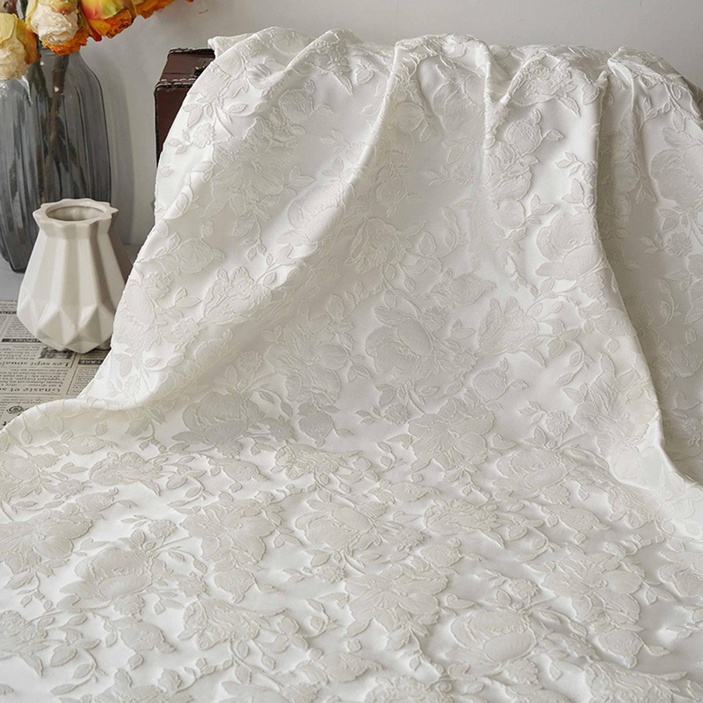 Romantic Off-White Embossed Rose Jacquard Fabric ��� Upholstery, Quilting & Home Dec"Wide