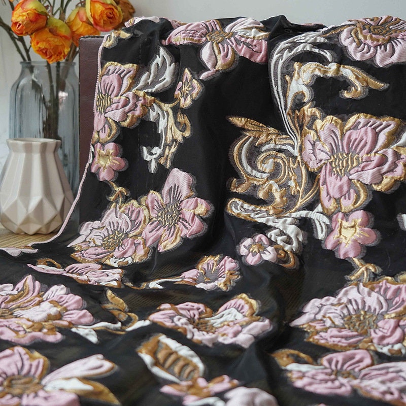 Gold Thread Floral Jacquard Fabric: 3D Oil Painting Texture, 55" Wide