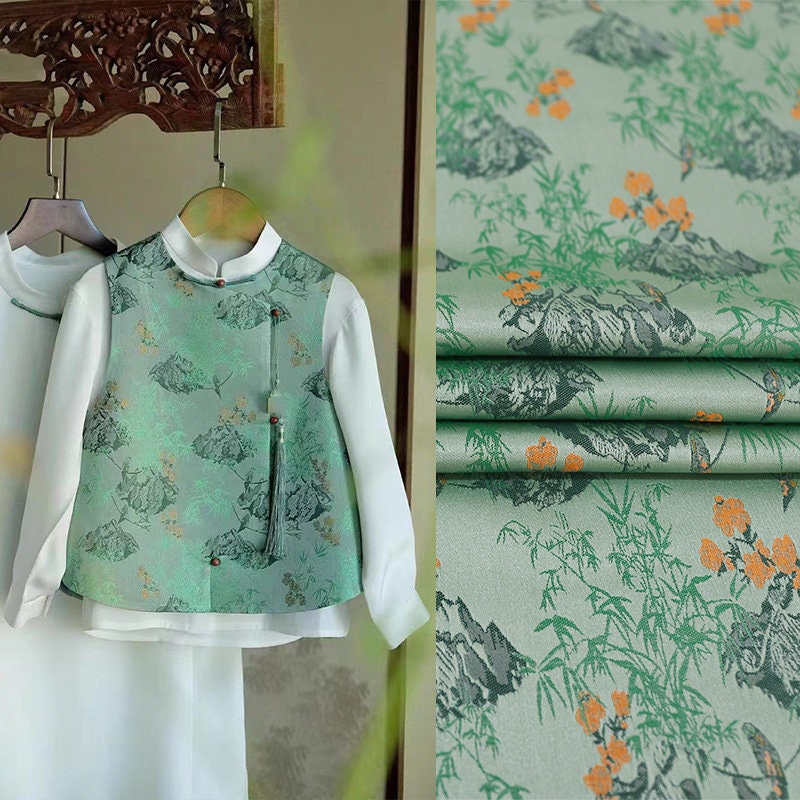 59"W Song Brocade Fabric: Chinese Wishful Damask Silk Rayon
