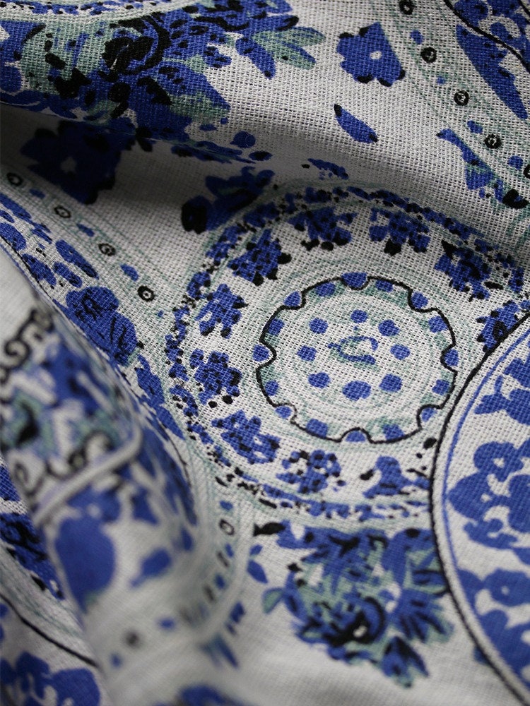 Handmade Linen Cotton Fabric: Floral Print DIY Material, 59" Wide