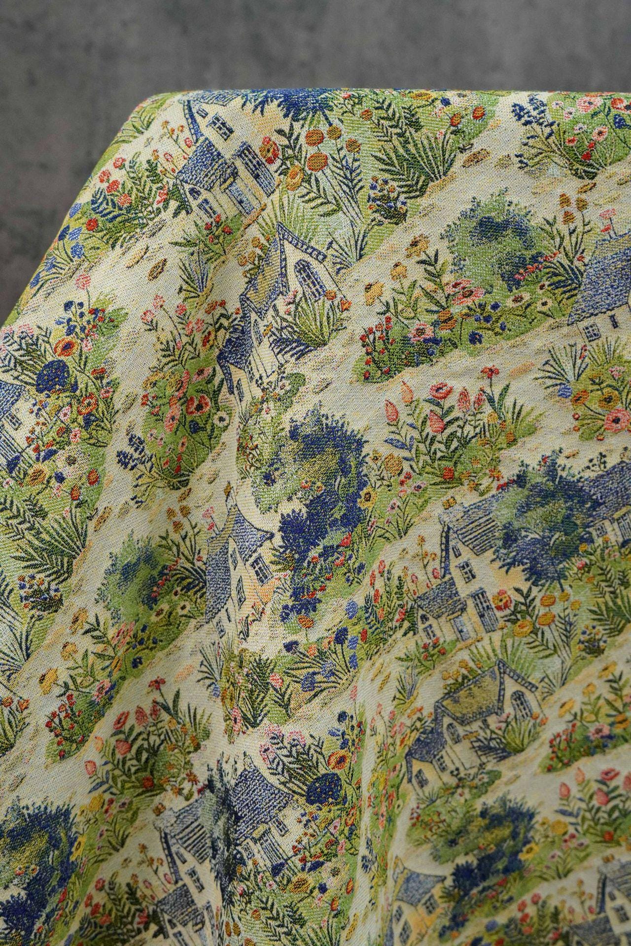Pastoral Oil Painting Style Jacquard Fabric, Countryside Houses & Floral Weave, 56"Wide