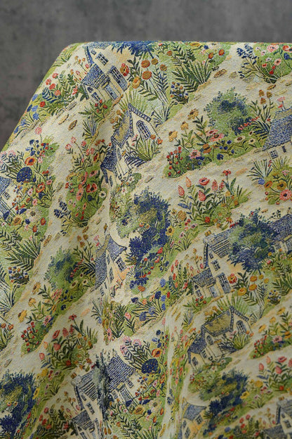 Pastoral Oil Painting Style Jacquard Fabric, Countryside Houses & Floral Weave, 56"Wide