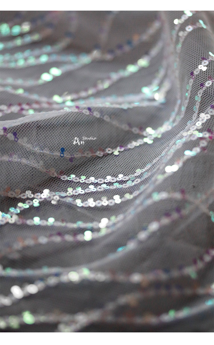Mermaid Wave Mesh Fabric, Sequin Fish Scale Embroidery, 59" Wide