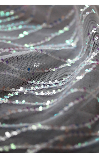 Mermaid Wave Mesh Fabric, Sequin Fish Scale Embroidery, 59" Wide