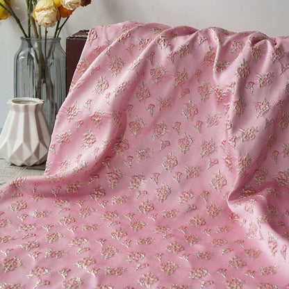 Pink Floral Jacquard Fabric: Gold Thread Brocade, Luxury Dressmaking Fabric