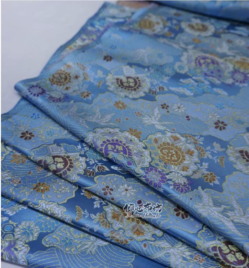 Nishijin Crane Kinran Fabric: Black Jacquard Silk Brocade Damask