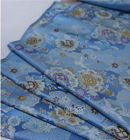 Nishijin Crane Kinran Fabric: Black Jacquard Silk Brocade Damask