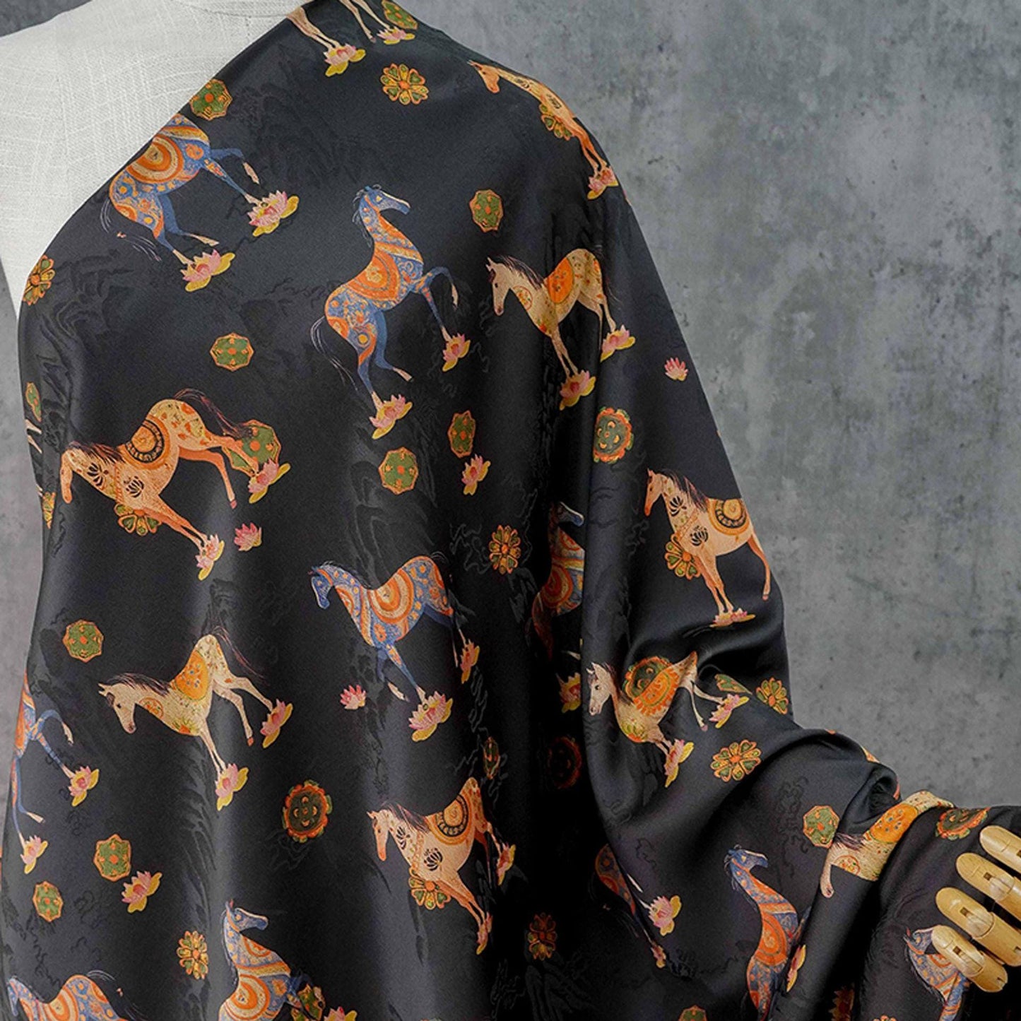Horse Jacquard Tea Silk Fabric, Chinese Symbolic Textile, 59"W