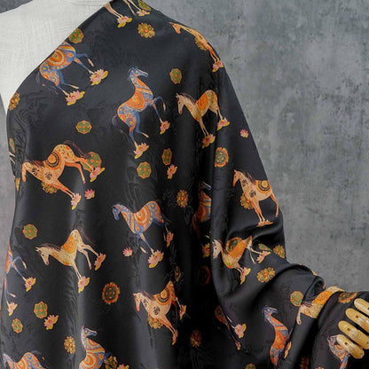 Horse Jacquard Tea Silk Fabric, Chinese Symbolic Textile, 59"W