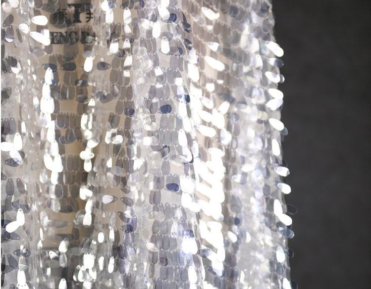 Silver Sequin Mesh Fabric, Hand Embroidered Water Drop Design, 59" Wide