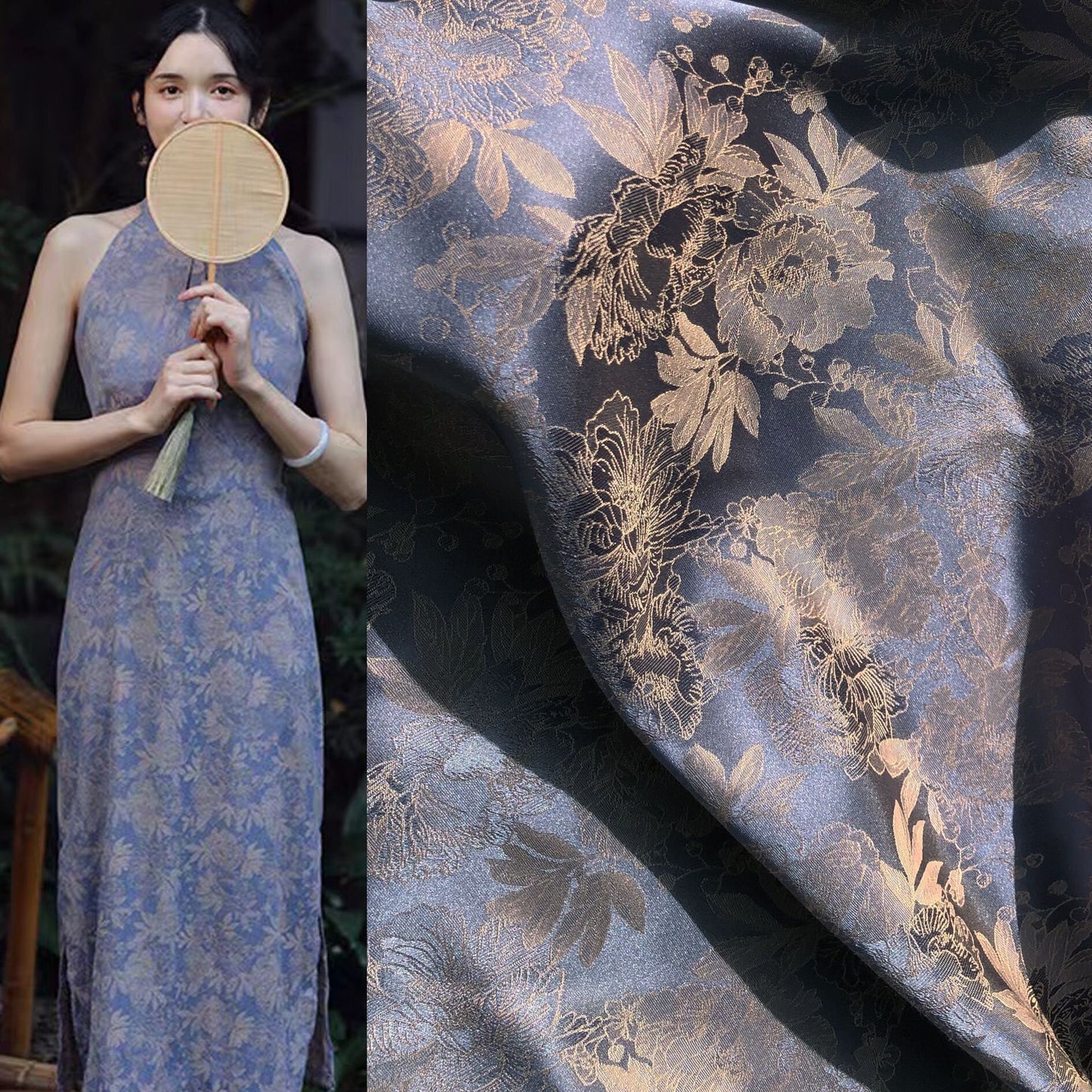 Tissu jacquard pivoine : 145 cm de large, mélange coton-rayonne, pour ameublement et costumes.