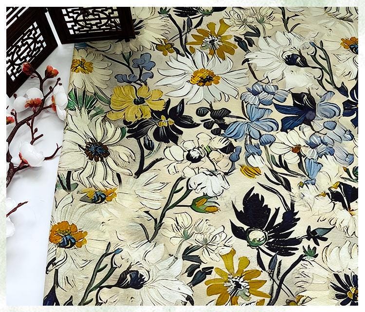 Luxury New Chinese Style Floral Cotton Brocade Fabric ��� Digital Print Oriental Textile - By The Met"Wide
