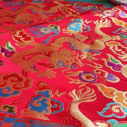 Red Dragon Brocade Fabric: Chinese Mongolian Style Silk Rayon Jacquard