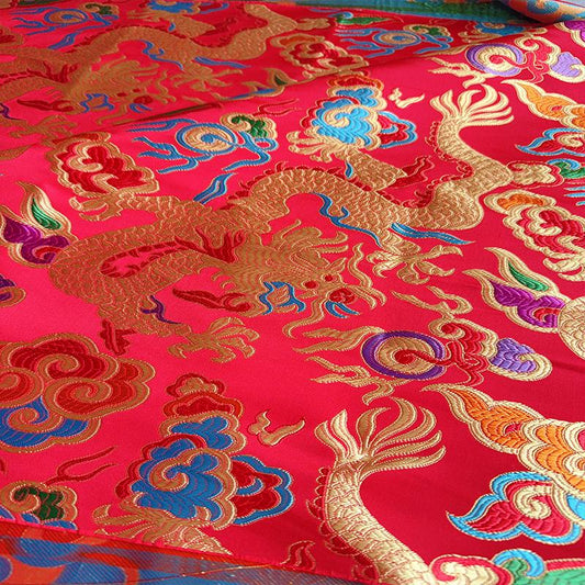 Red Dragon Brocade Fabric: Chinese Mongolian Style Silk Rayon Jacquard