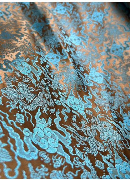 Tissu brocart bleu sarcelle à motif de dragon chinois : mélange de soie et de rayonne, 75 cm de large