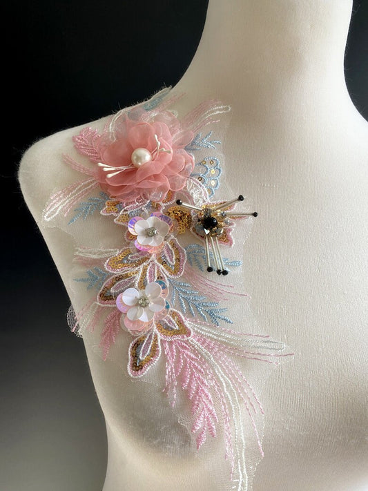 3D Embroidery Flower Applique: Handmade Organza Lace (30x13cm)