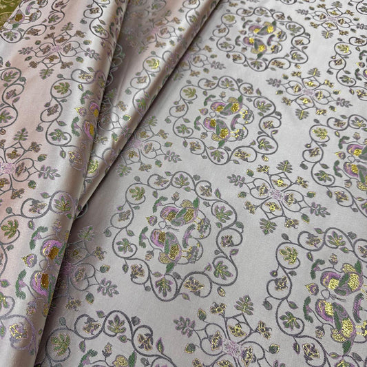 Tissu brocart de soie : Damas métallisé canard mandarin (45"L)