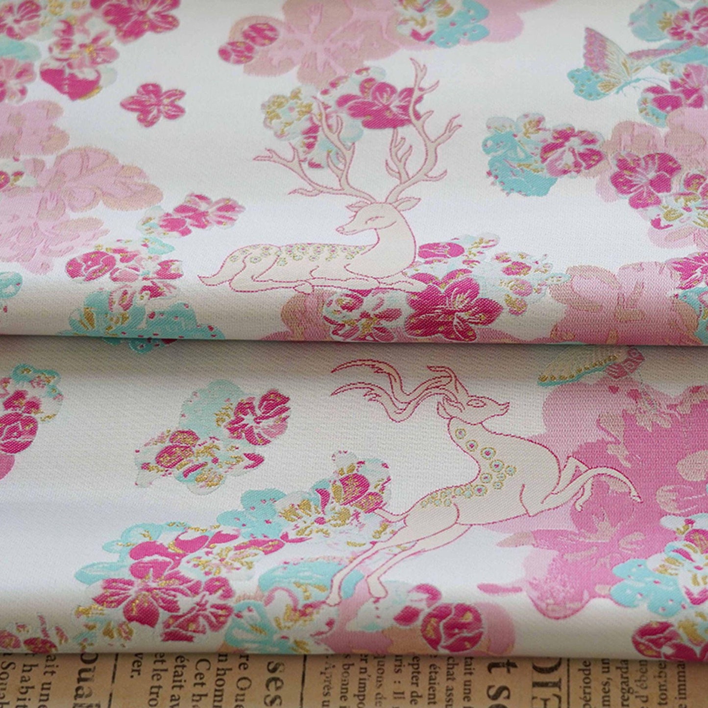 White Deer Jacquard Fabric: Gold Thread Embossed Upholstery, 65"W