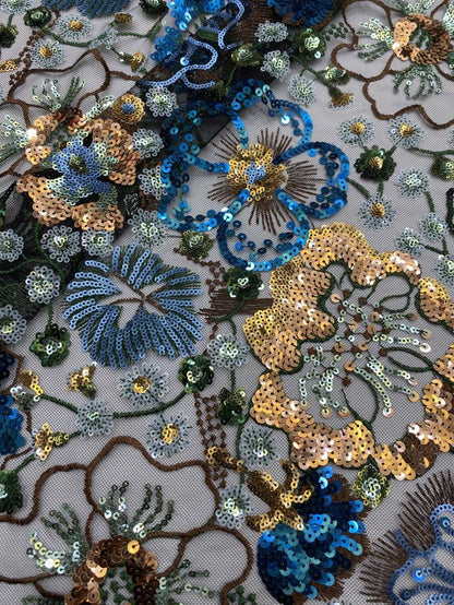 Tissu en dentelle à sequins brodée de fleurs, 124 cm de large
