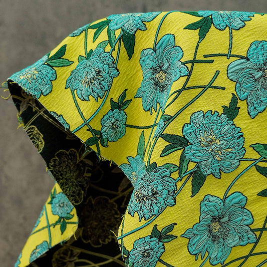 Reversible Jacquard Woven Fabric: 3D Blue Yellow Floral, 53" Wide