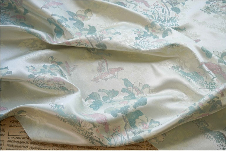 Floral Bird Print Fabric: Gold Thread Woven Polyester, 59" Wide