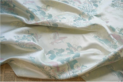 Floral Bird Print Fabric: Gold Thread Woven Polyester, 59" Wide