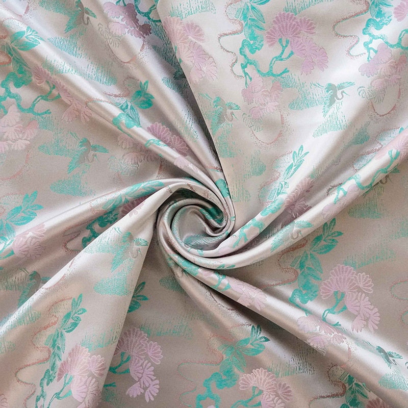 Beige Song Brocade Fabric: Wishful Crane Pattern Silk Rayon