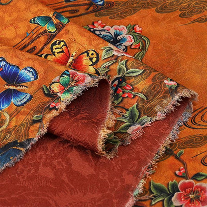 Butterfly Tea Silk Satin Fabric, Digital Print, Costume Sewing, 59"W