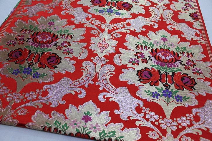 Tissu brocart de soie : motif floral pivoine dahlia, 74 cm de large, tissu de mariage