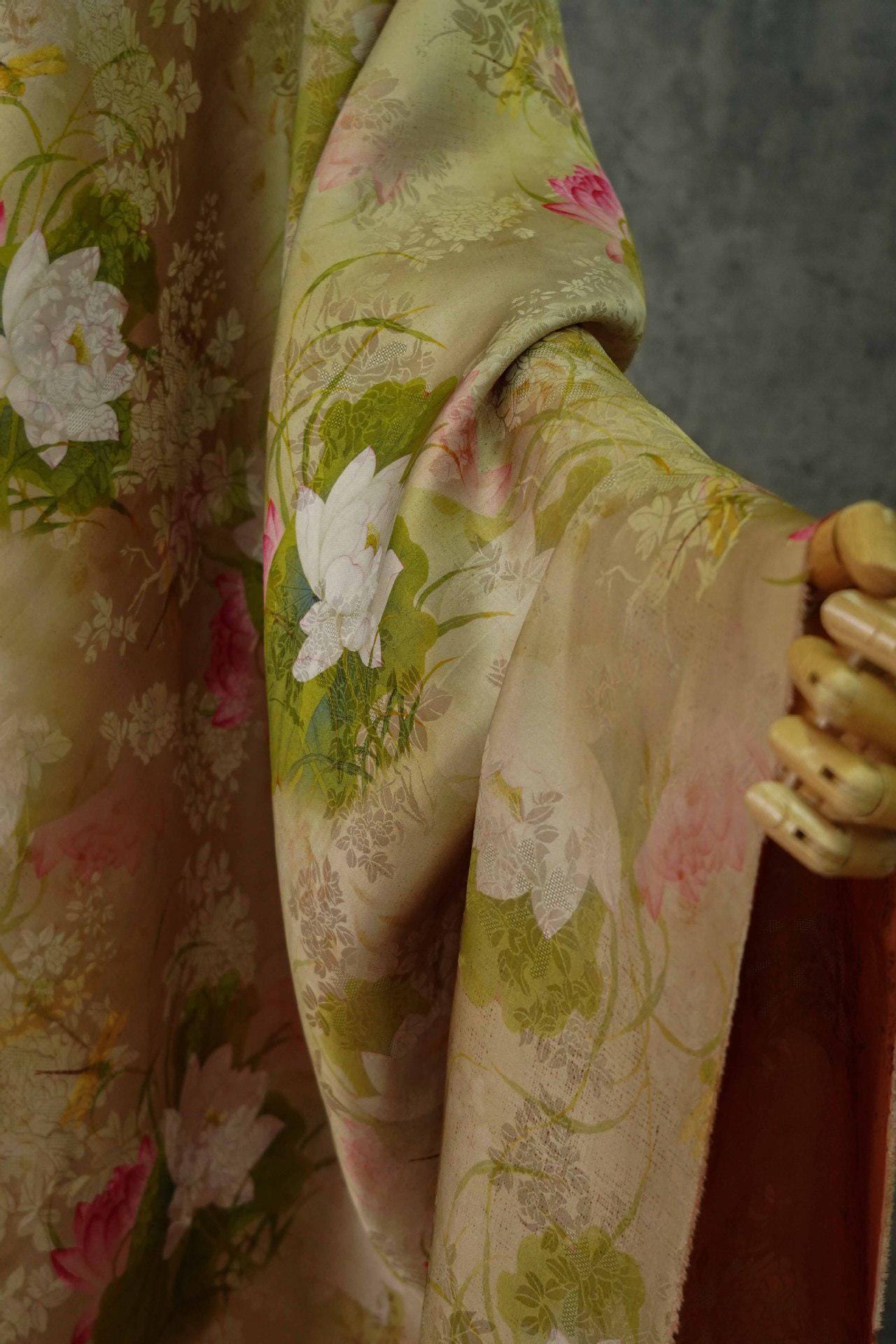 Lotus Flower Tea Silk Satin Fabric: 55"W Digital Print