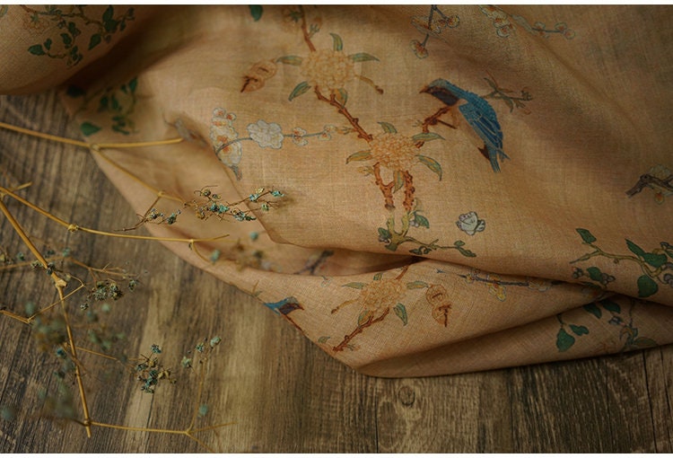 Floral Ramie Fabric: Samuume Pattern, 55" Wide - Sewing & Upholstery