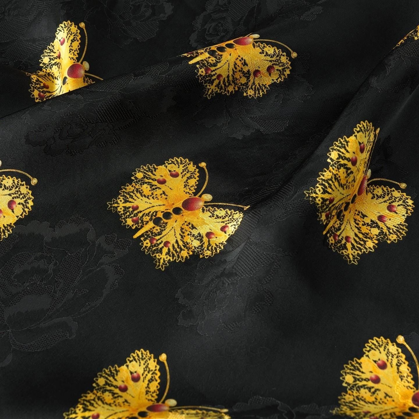 Black & Gold Butterfly Silk Jacquard Fabric: Cheongsam Hanfu Material