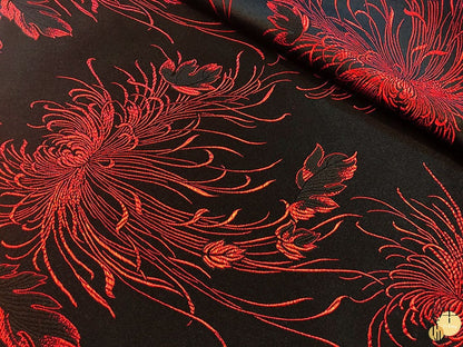Tissu brocart chrysanthème : jacquard satin de soie rayonne de 75 cm de large