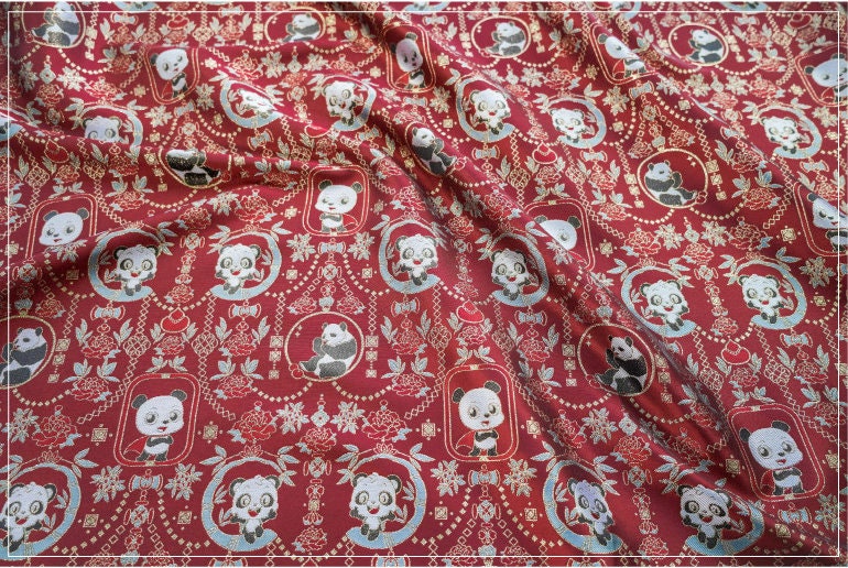 Panda Jacquard Fabric With Gold Thread: 59" Wide, Cheongsam Costume Decor
