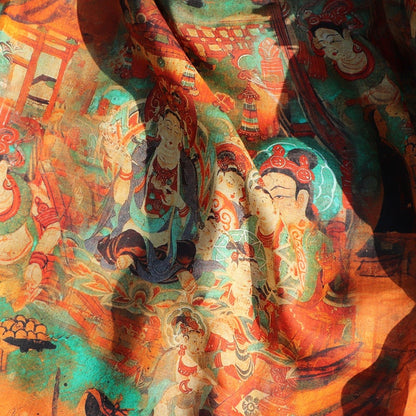Dunhuang Murals Linen Fabric: Asian Style Upholstery & Sewing, 55"W