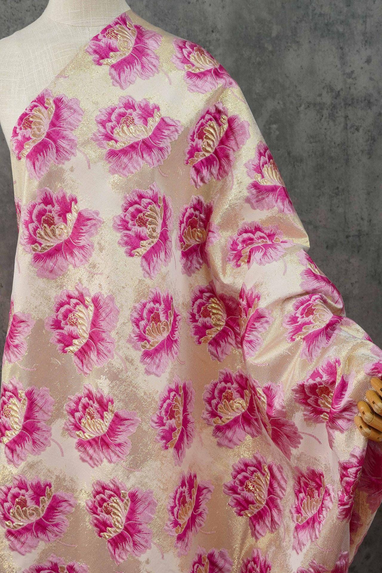 3D Embossed Peony Jacquard Fabric with Gold & Silver Threads, Woven Upholstery Fabric, 58"Wide