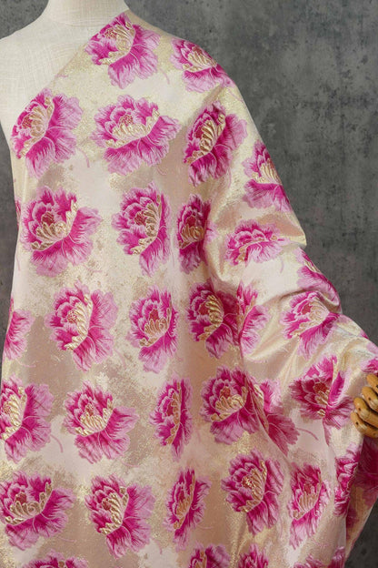 3D Embossed Peony Jacquard Fabric with Gold & Silver Threads, Woven Upholstery Fabric, 58"Wide
