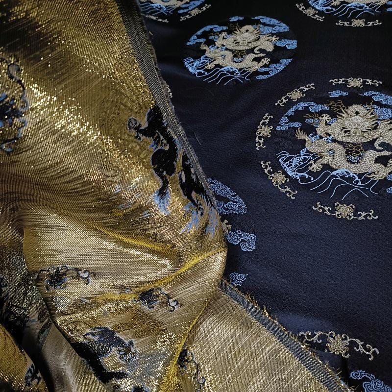 Dragon Brocade Fabric: Black & Gold Jacquard Blend, 55" Wide