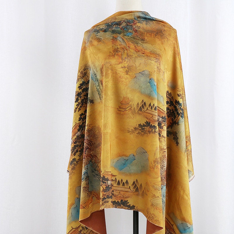 Tissu de soie peint de la dynastie Tang : gaze de Canton gambierée (59"L)