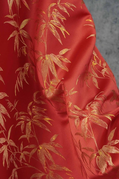 Red Brocade Fabric ��� Golden Bamboo Leaves Jacqua" Wide