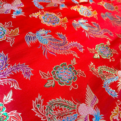 Tissu brocart phénix pivoine rouge : Décoration de costume porte-bonheur (largeur 59 pouces)