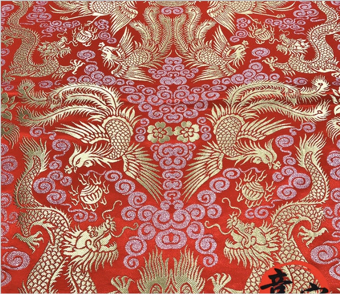Gold Dragon & Phoenix Brocade Fabric: Traditional Chinese Wedding Robe Material